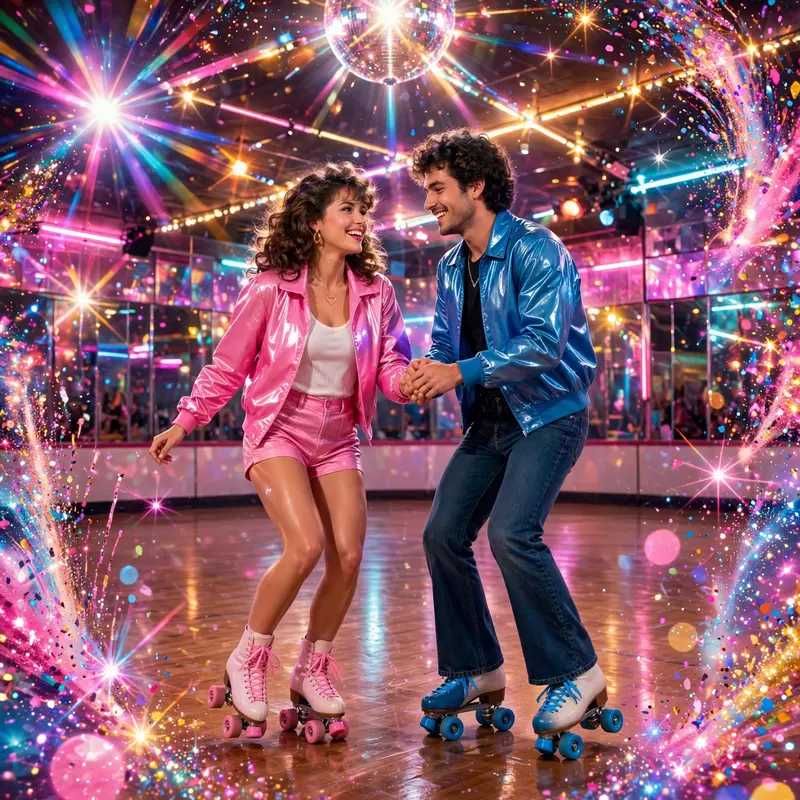 High-shine bubblegum pop-art style artwork of a roller-rink couple under disco lights, glitter exploding around the frame. Dreamy lens-flare sparkle