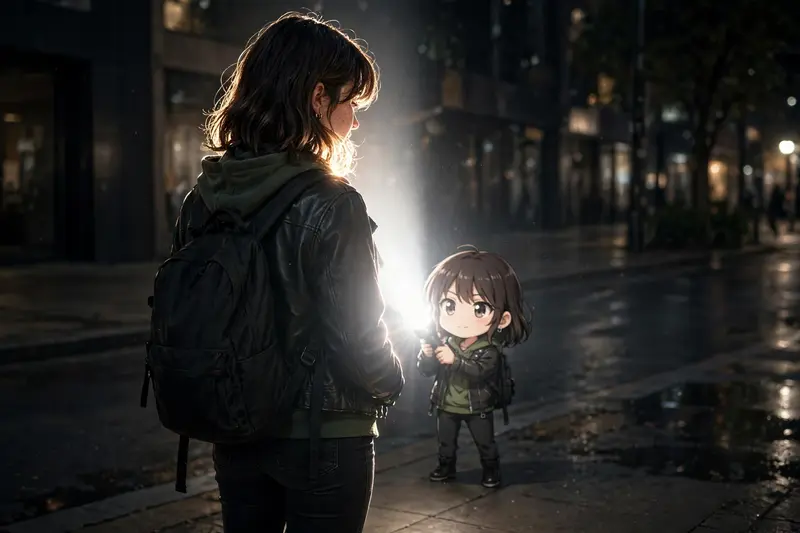 Transform the main subject into a small full-body anime/cartoon version of themselves, matching their hairstyle, outfit, accessories, colors, and