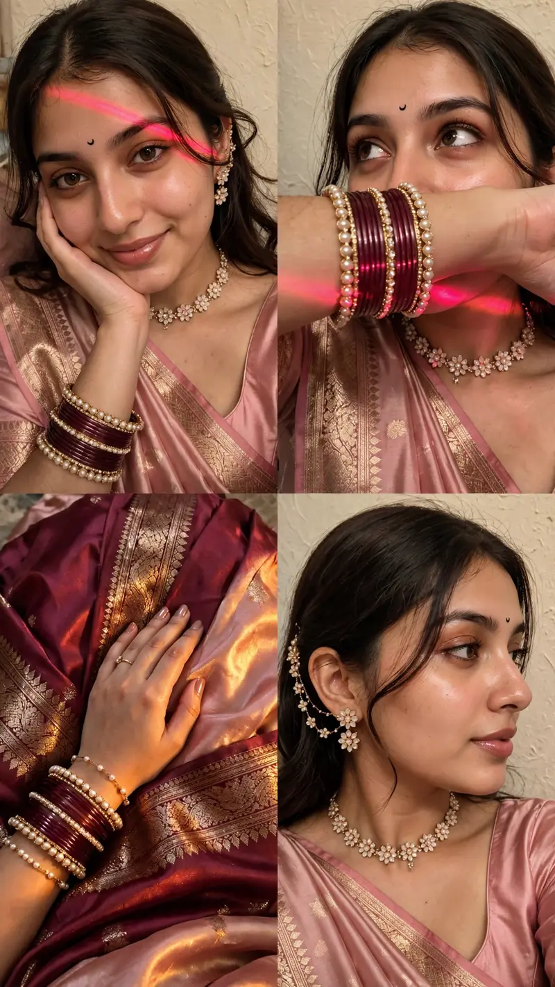 Ultra-realistic indoor iPhone 16 Pro front-camera selfie collage, 2×2 grid with four perfectly equal square frames, appearing exactly like naturally