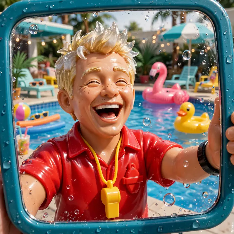 shiny plastic-toy render style moment with a pool-party lifeguard with frosted tips, caught mid-laugh in flash-lit glory. Harsh on-camera flash