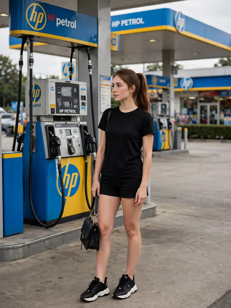 Use the first image as the exact reference for the person and the second image as the exact HP petrol pump background. Place the person naturally