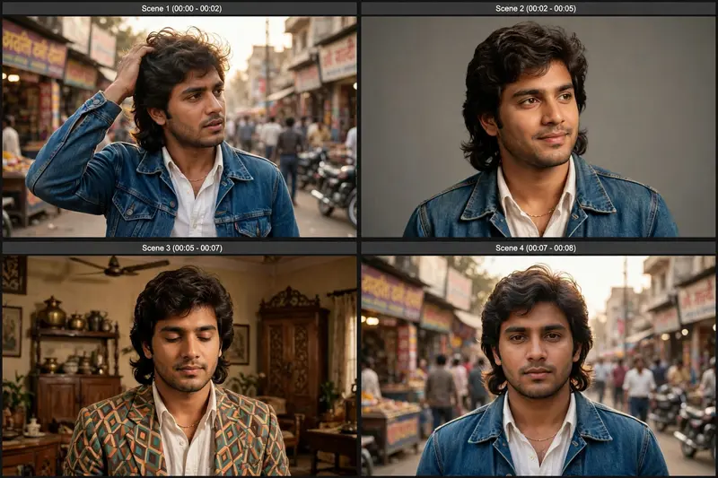 * Scene 1 (00:00 - 00:02): Medium shot, 1980s South Asian young man with a wavy mullet, wearing a denim jacket over a white collared shirt and a thin