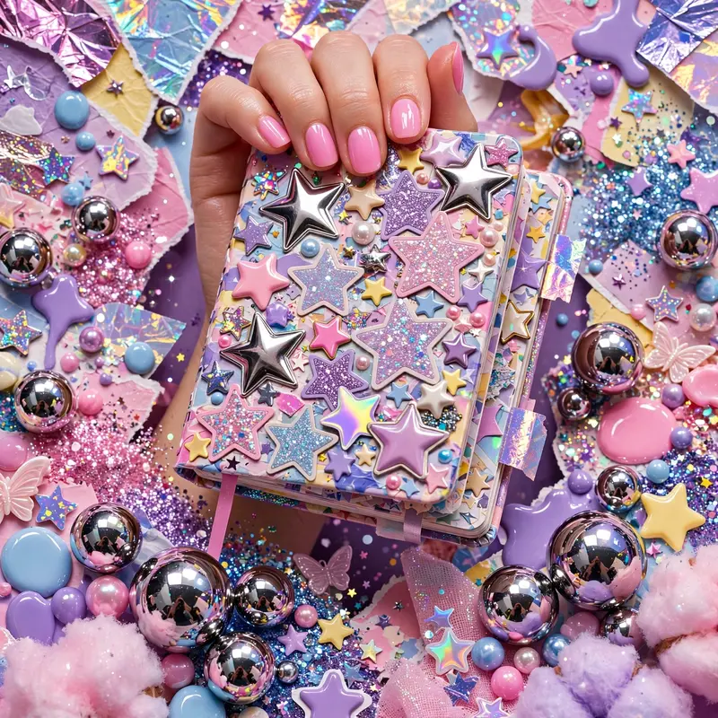 Glossy glitter-bomb pop collage style composition of a star-sticker notebook held up proudly, chrome and glitter everywhere. Chrome-ball studio