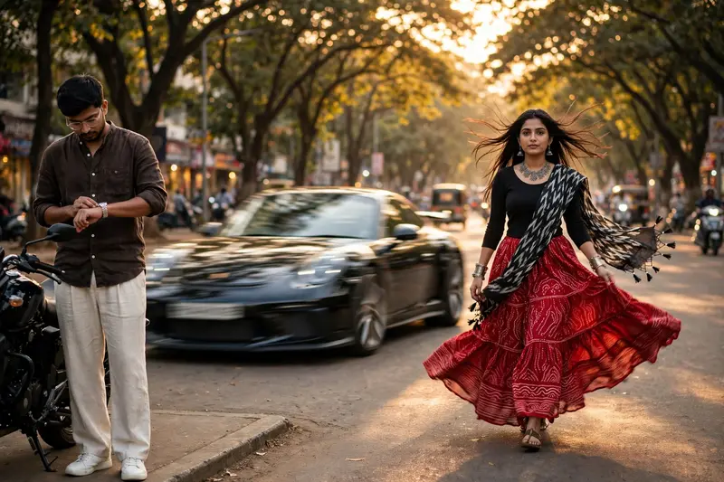 Love story ❤️ Cinematic video, 15 seconds, natural golden hour light. Wide tree-lined Bangalore city boulevard, tall rain trees overhead canopy, warm
