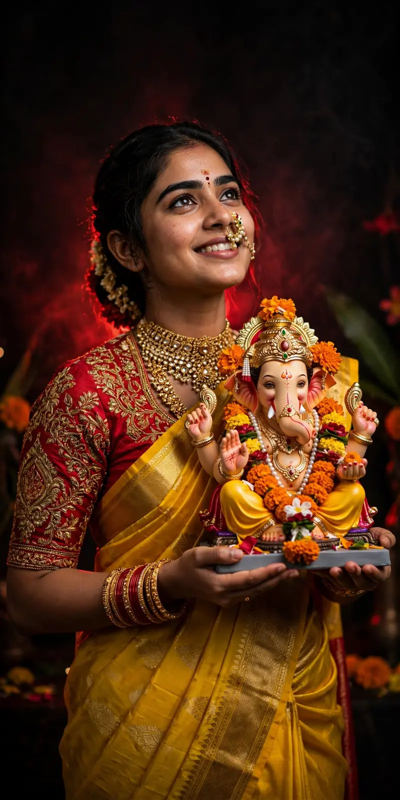 A high-quality studio portrait of a young Indian woman, same person as the uploaded image, holding a colorful, realistic Lord Ganesha idol during