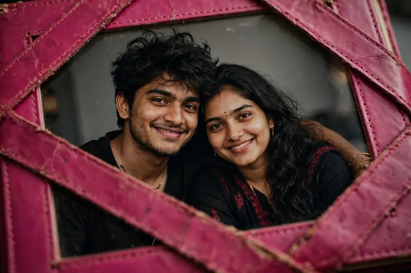 Create a close-up candid photograph of two young Indian adults, a man and woman, seated closely and leaning affectionately together. Preserve the