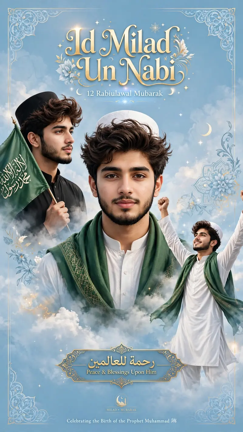 id milad un Nabi A stylish poster design featuring a young man with trendy voluminous hair and a short beard, wearing a whait salwar kmeez whait