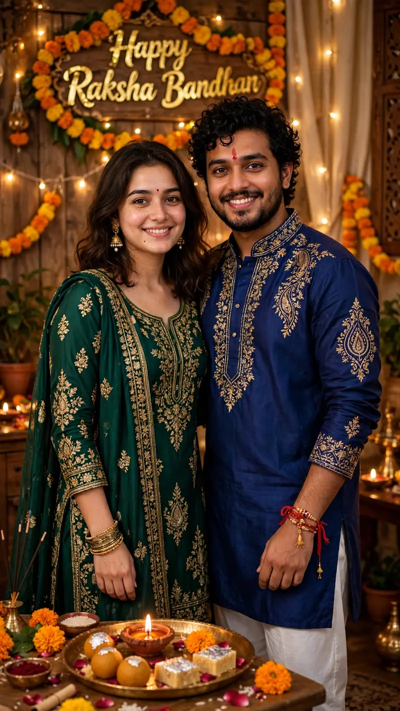 Ultra-realistic cinematic vertical 9:16 Raksha Bandhan family photo using the two uploaded reference images. Use the first image for the sister and
