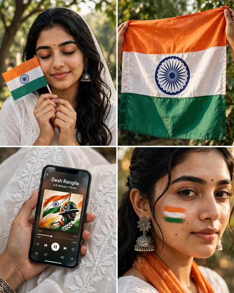 Use the uploaded reference image as the visual and identity reference. Create a vertical 4-panel Instagram-style Independence Day collage featuring