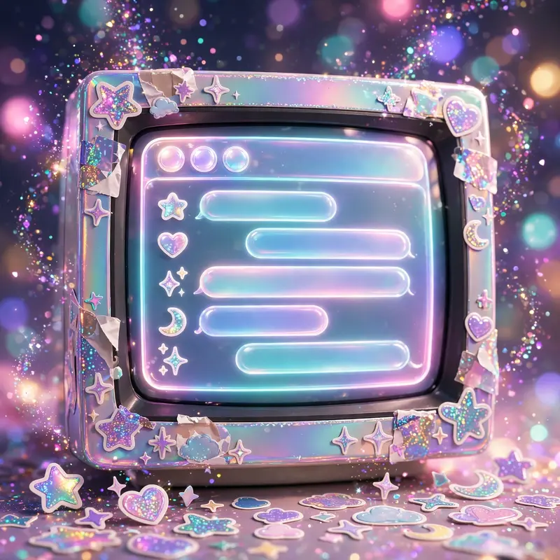 Playful holographic sticker-book art style portrait of an AIM chat window glowing on a CRT monitor, glitter drifting through the air. Sparkling