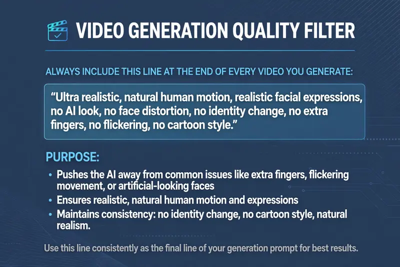 Add this line at the end of every video you generate, no matter how many times you generate it. “Ultra realistic, natural human motion, realistic