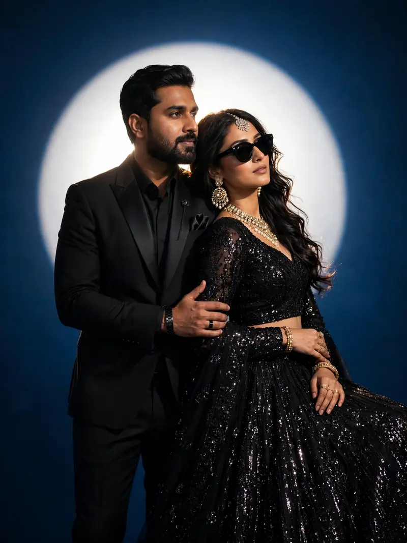 A cinematic studio portrait of an Ind ian couple, The man is wearing a modern Black designer Suit with matching accessories. The women is wearing a
