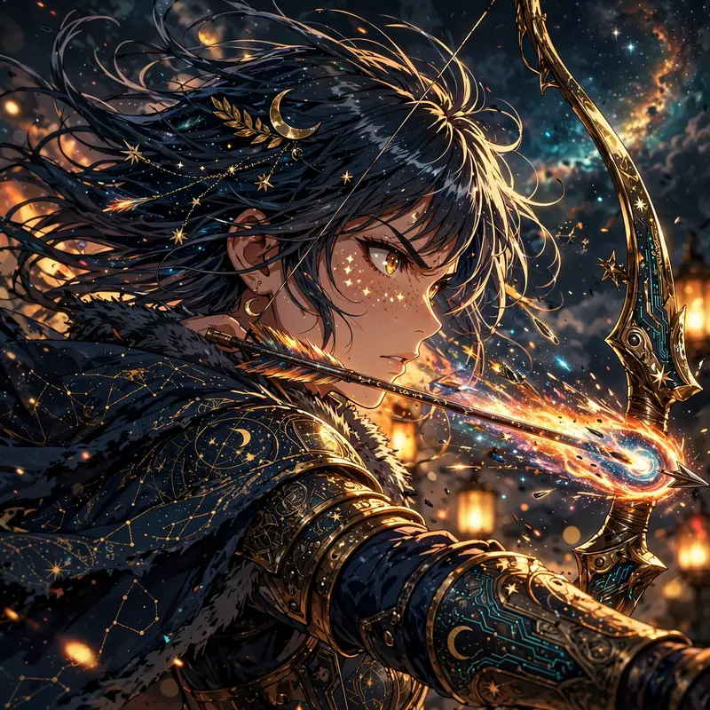 crisp digital anime style illustration of a celestial archer nocking a comet arrow, posed heroically against a dramatic sky. Warm tungsten practicals