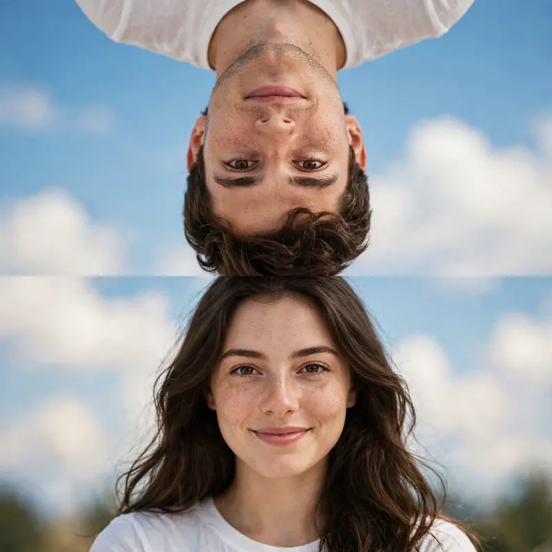 Create a realistic long-distance couple portrait in the same style as the reference. The frame is split vertically: the girl is in the lower half