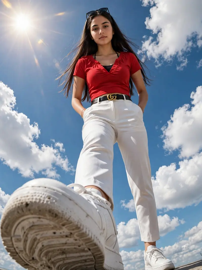 > Ultra-realistic full-body portrait of the SAME young South Asian woman captured from an extreme low-angle, ultra-wide () perspective, as if the