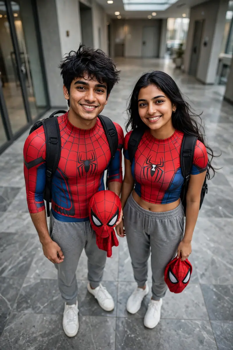 A realistic high-angle full-body shot of a young South Asian couple looking up at the camera with warm, natural smiles. The boy has messy, textured