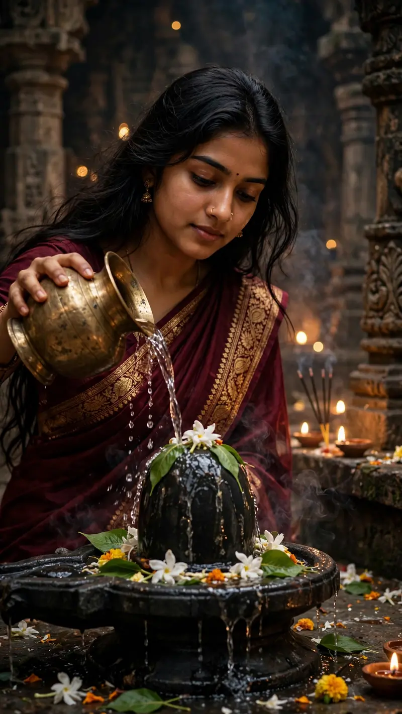 "Ultra-realistic cinematic portrait of a young Indian woman performing Shiv Abhishek inside an ancient Shiva temple, wearing a deep maroon Banarasi