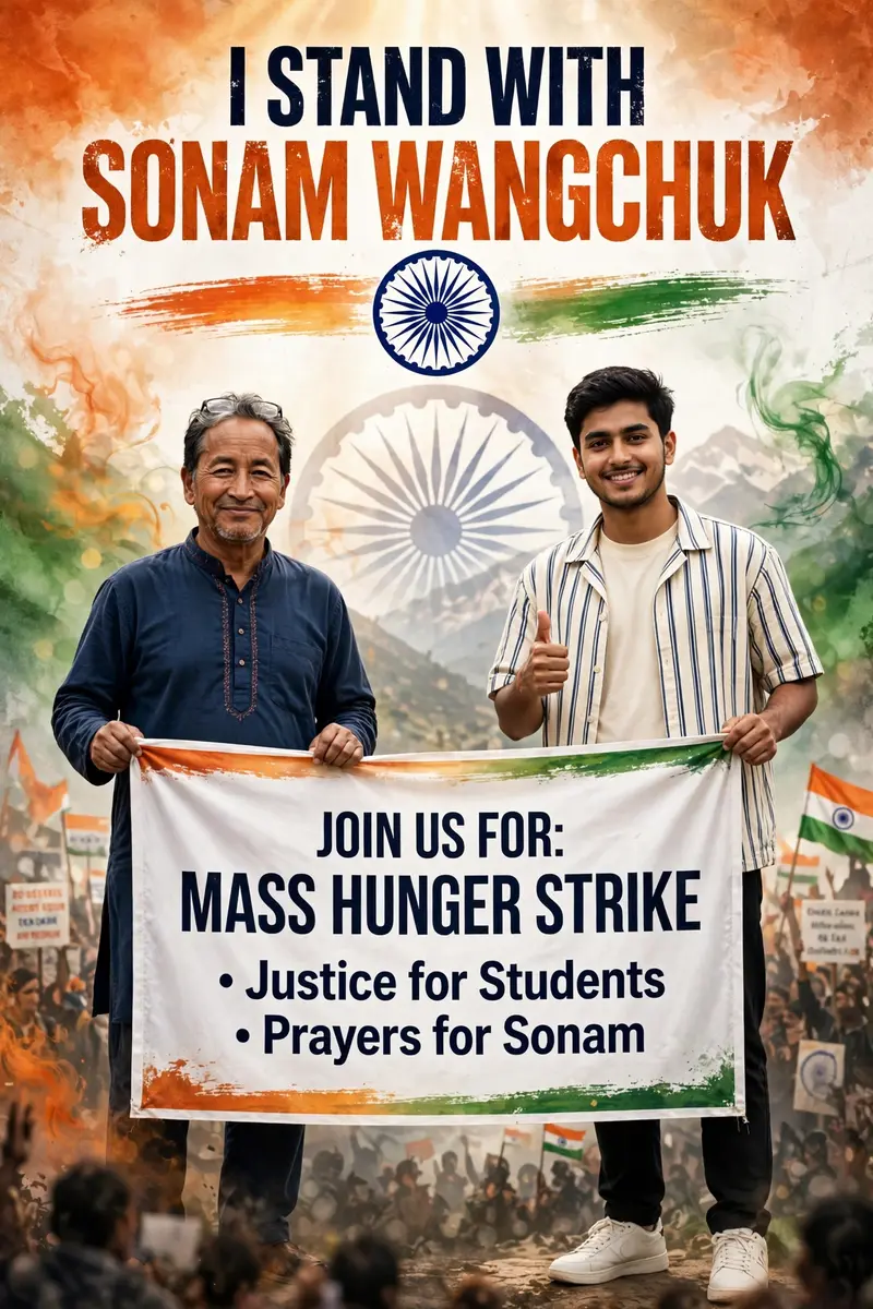 Create a premium ultra-realistic 2:3 vertical protest poster featuring Sonam Wangchuk standing confidently on the left wearing a navy blue kurta and