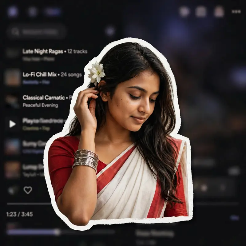 A digital collage style image. In the foreground, a young South Asian woman is cut out with a thick white sticker-like outline. She is wearing a