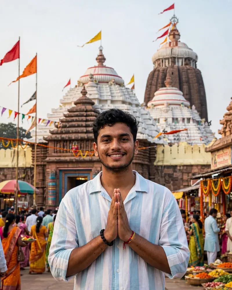 Ultra-realistic DSLR devotional travel portrait of a young Indian man standing in front of the iconic Jagannath Temple in Puri, Odisha. He is wearing