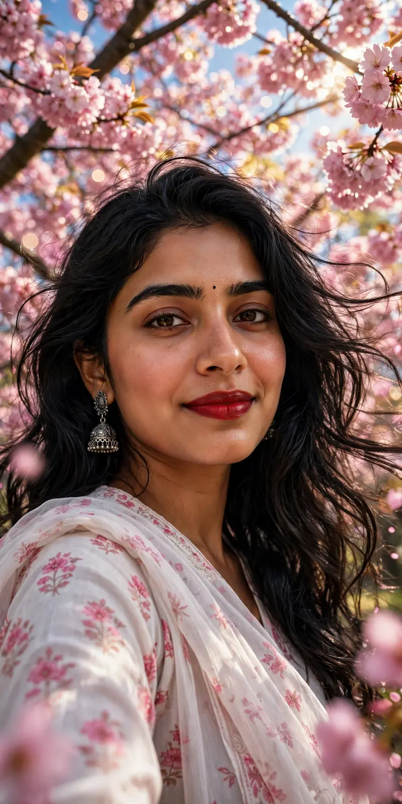 Ultra-realistic low-angle close-up portrait of the same South Asian woman from the reference image, preserving her exact facial identity, facial