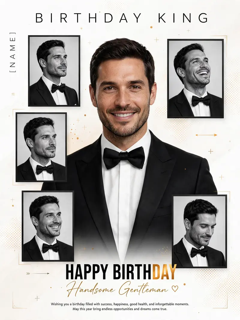 Create a premium minimalist birthday poster in a 3:4 ratio featuring the uploaded man as the main subject. Place one large color portrait in the