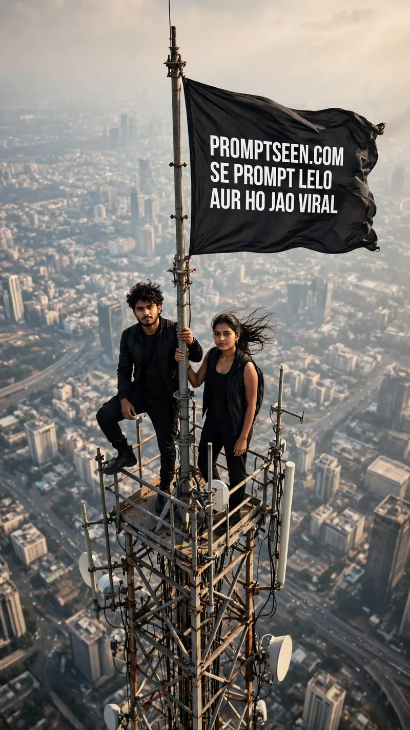 Create an ultra-realistic vertical 9:16 cinematic drone shot of two young Indian adults standing on the tiny top platform of a very tall