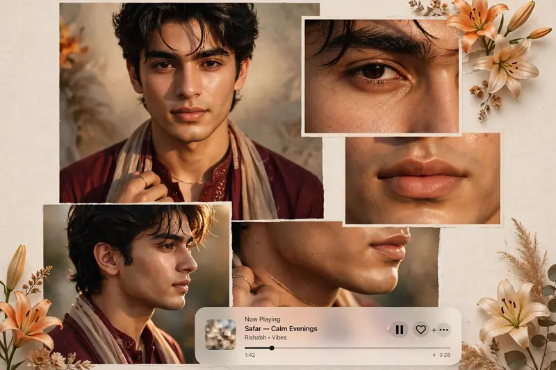 A warm-toned cinematic portrait collage of a young man with clear glowing skin, natural texture, and subtle facial details. He has thick dark hair