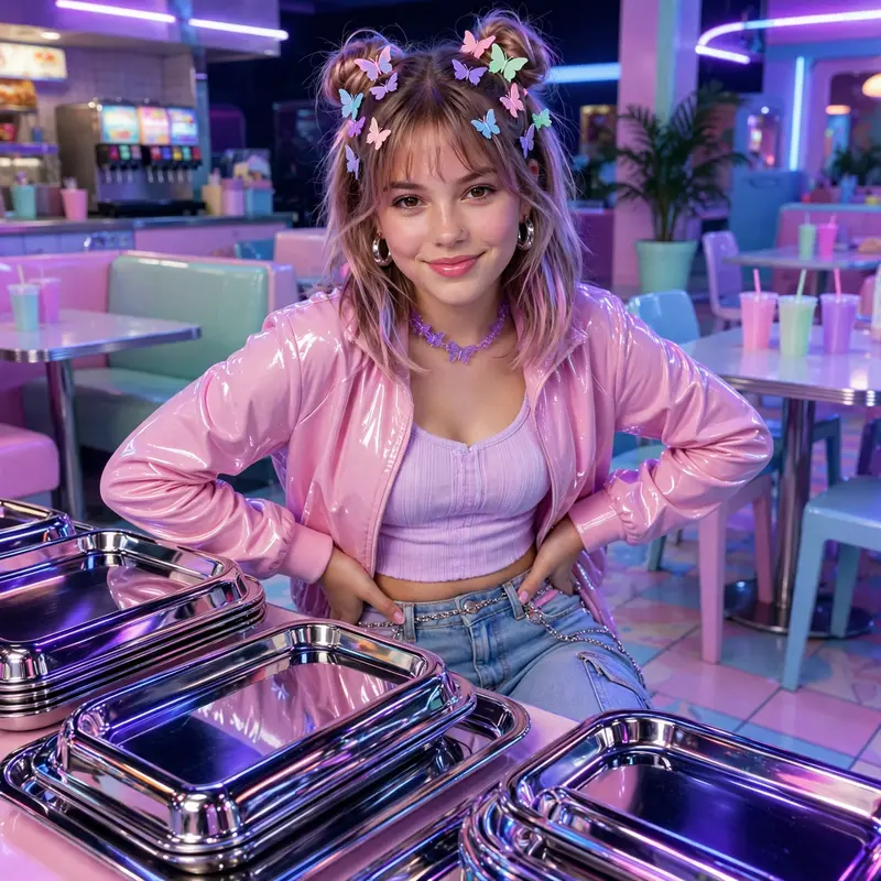 a food-court hangout with chrome trays captured in early-2000s teen magazine photography, striking a confident pose. Blacklight ultraviolet glow
