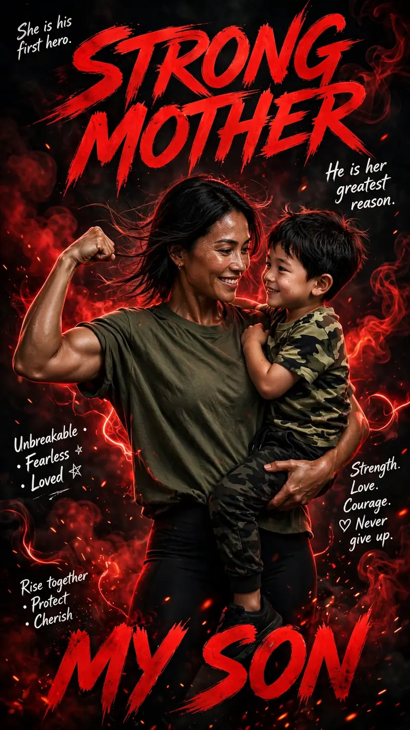 Hyper-realistic cinematic motivational poster of a fearless mother carrying her little son in her arms, emotional and powerful connection, both