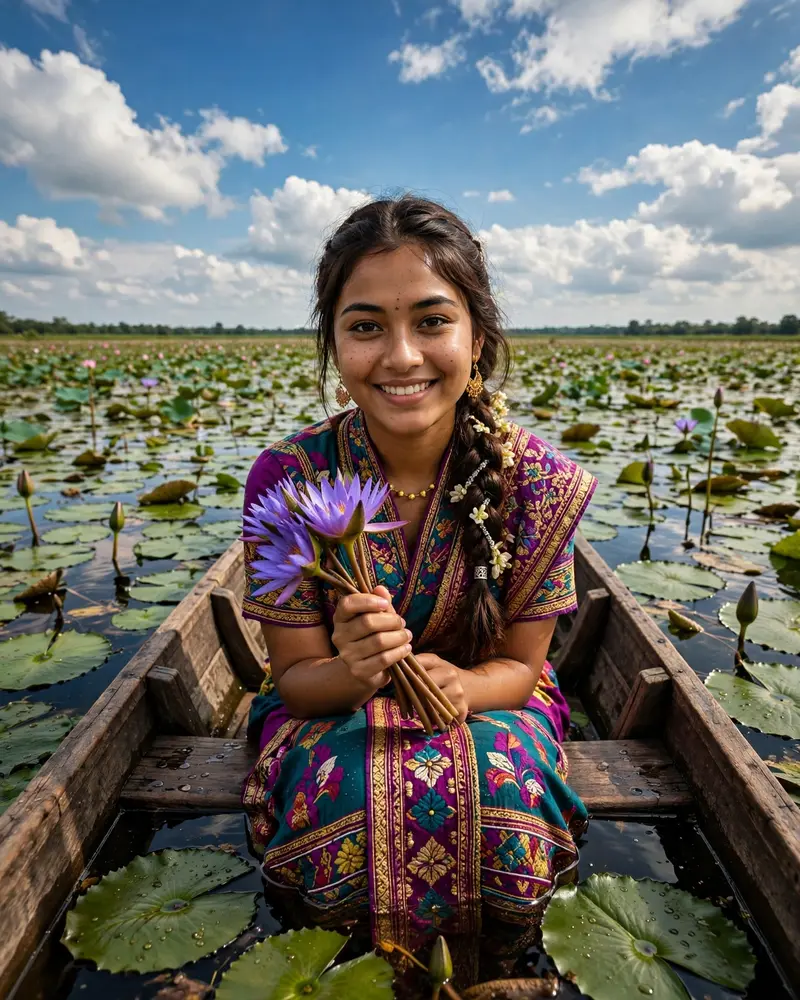Ultra-realistic portrait of a person sitting in a narrow wooden boat on a lotus lake, holding purple water lilies, vibrant traditional outfit