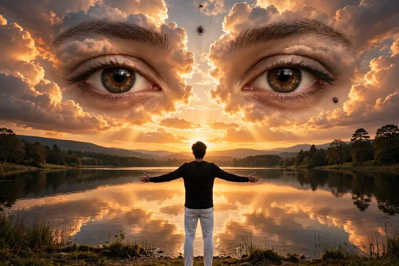 Ultra-realistic cinematic sunset photography, a young man standing from the back at the edge of a calm lake, both arms fully stretched open, wearing