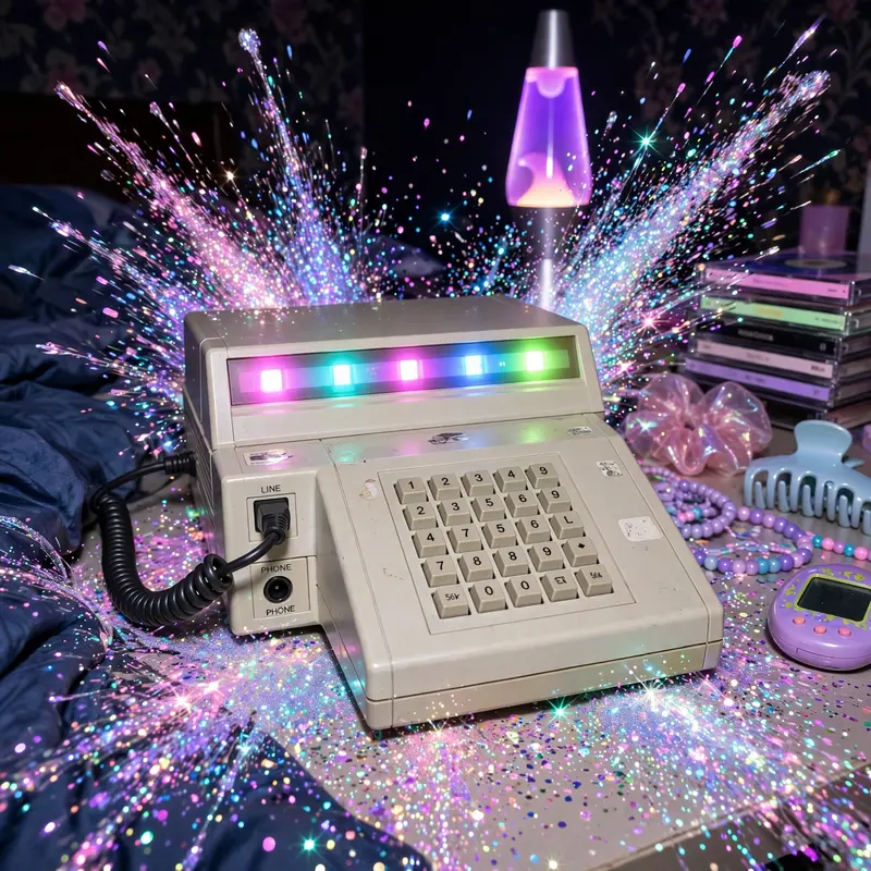 High-shine nostalgic Y2K digital art artwork of a dial-up modem glowing in a dark bedroom, glitter exploding around the frame. Neon-sign pastel wash