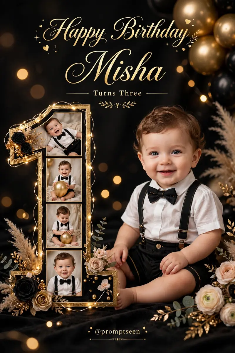 Ultra-realistic 1st birthday baby Boy collage poster, large number "1" photo frame with multiple pictures of the baby, and one big portrait on the