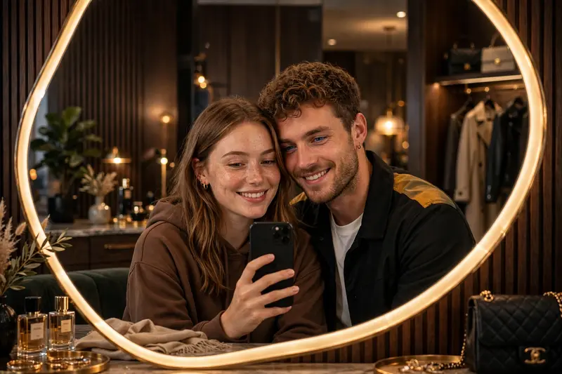Transform the uploaded boy and girl photos into a luxury couple mirror selfie. Preserve both faces exactly as provided. Modern luxury penthouse