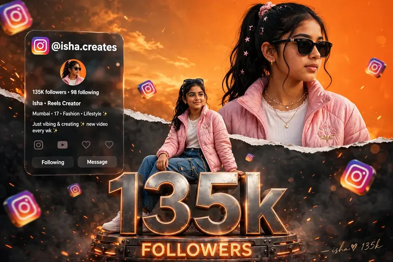 Ultra realistic Instagram milestone celebration poster design. A stylish Indian teenage girl with trendy sunglasses, wearing the exact same outfit
