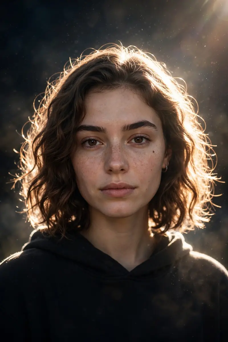 Create a cinematic dreamy night portrait with a strong soft white backlight glow behind the subject, creating a bright natural halo around the hair