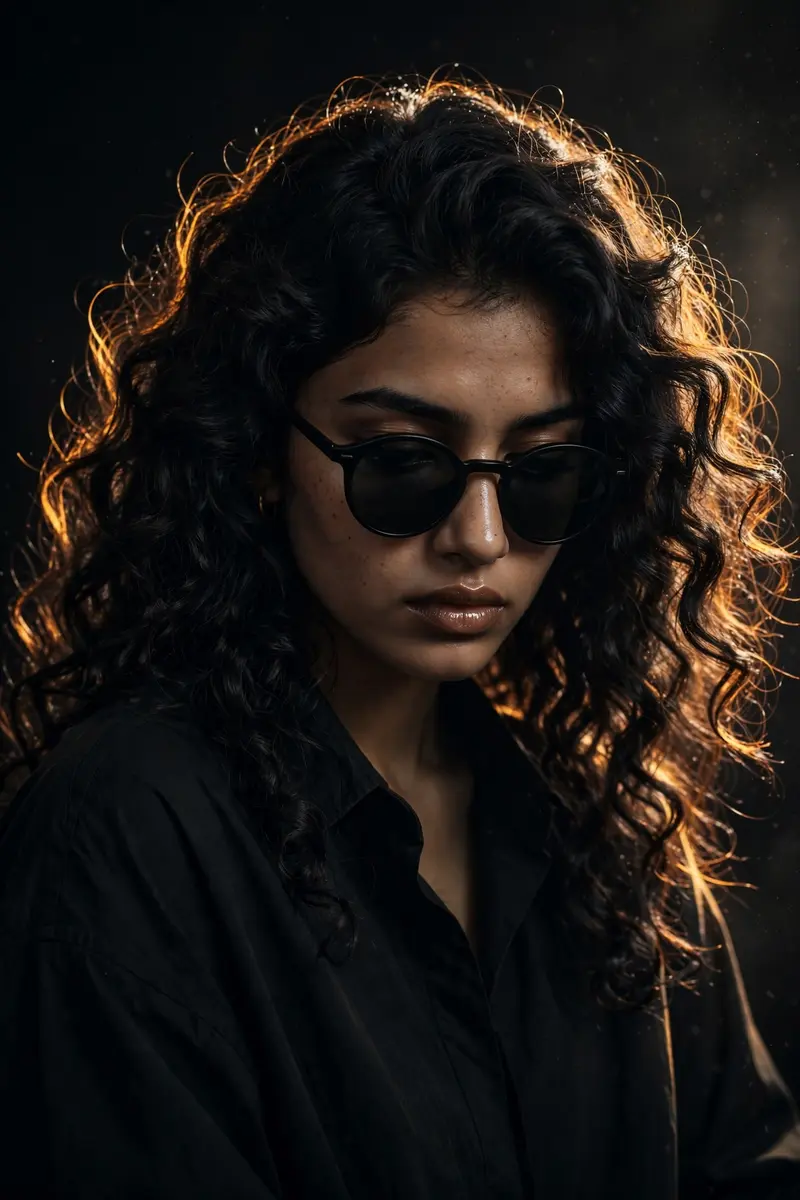 Ultra-realistic cinematic studio portrait of a young Indian woman, front-facing pose with head slightly tilted down, eyes looking downward