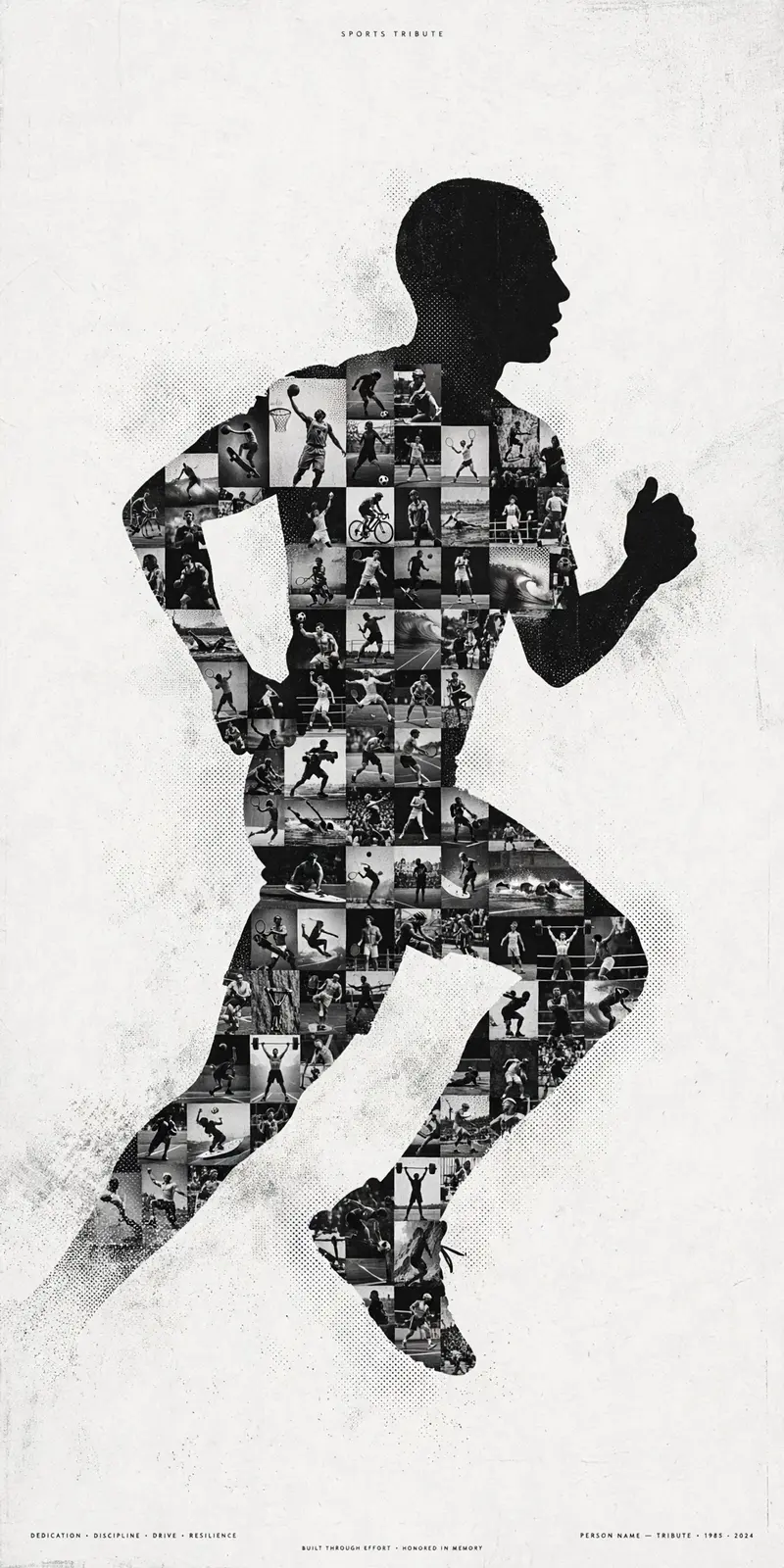 Create a high-end conceptual sports tribute poster for [PERSON NAME]. Use a black and white silhouette as the main structure and fill it with a photo