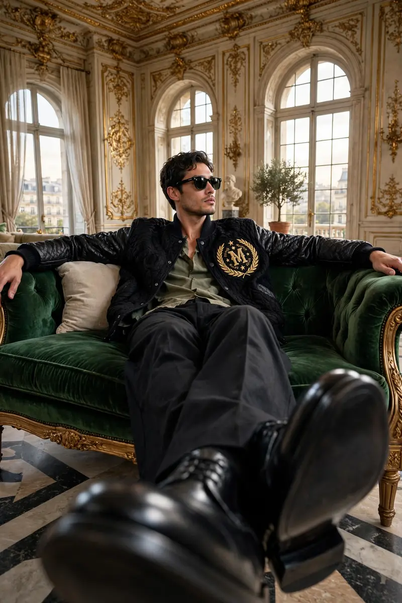 Ultra-realistic fashion editorial portrait of a male model lounging on a luxurious vintage sofa in a grand room with ornate walls and large arched