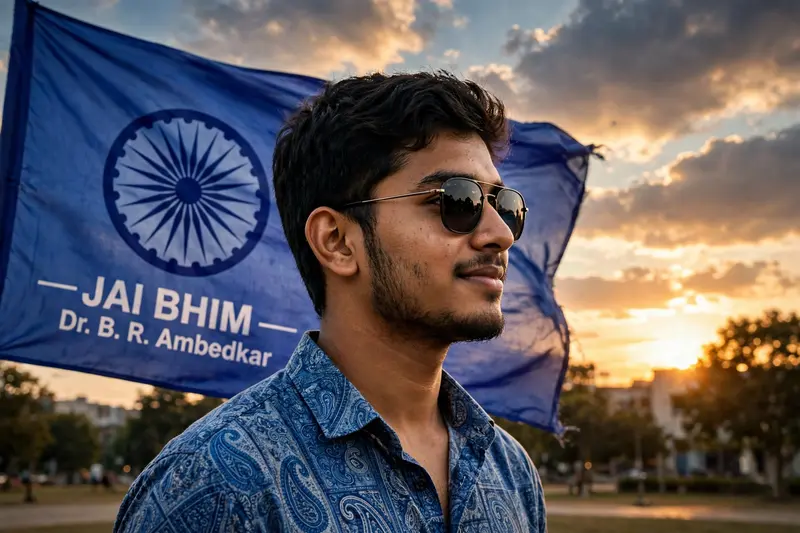 A confident young Indian man same person in given reference image, standing outdoors wearing a blue patterned shirt and sunglasses, looking sideways