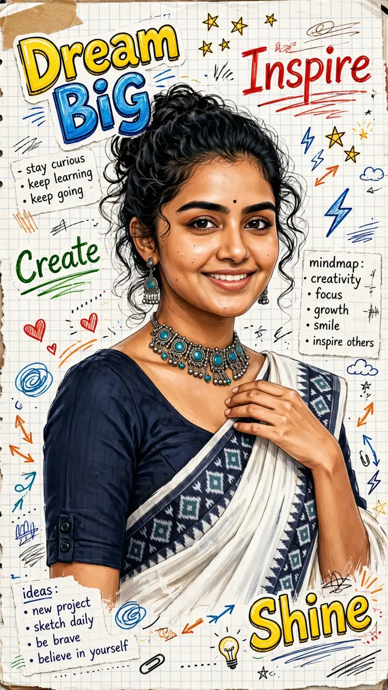 “A high-quality semi-realistic digital illustration of a smiling young Indian woman with a radiant expression, resembling actress Anupama