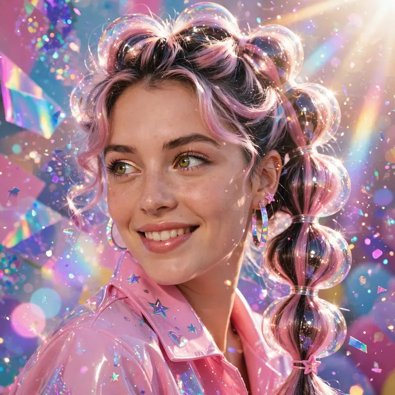 Playful glitter-bomb pop collage style portrait of a bubble-braid hairstyle catching the light, glitter drifting through the air. Dreamy lens-flare