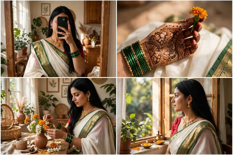 Oltra-realistic 4-panel collage of a woman in traditional Indian attire, warm natural sunlight indoors, aesthetic lifestyle photography Panel Imirror