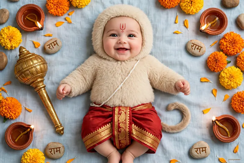 High-impact cinematic depiction of [INFANT_LEAD_CHARACTER], featuring a joyful smile, bright eyes, and a traditional tilak on the forehead, dressed
