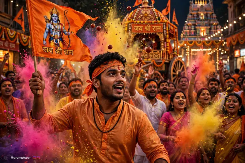 Energetic young Indian man leading a Ram Navami street procession, holding a saffron flag of Lord Rama, crowd chanting "Jai Shri Ram", colorful gulal