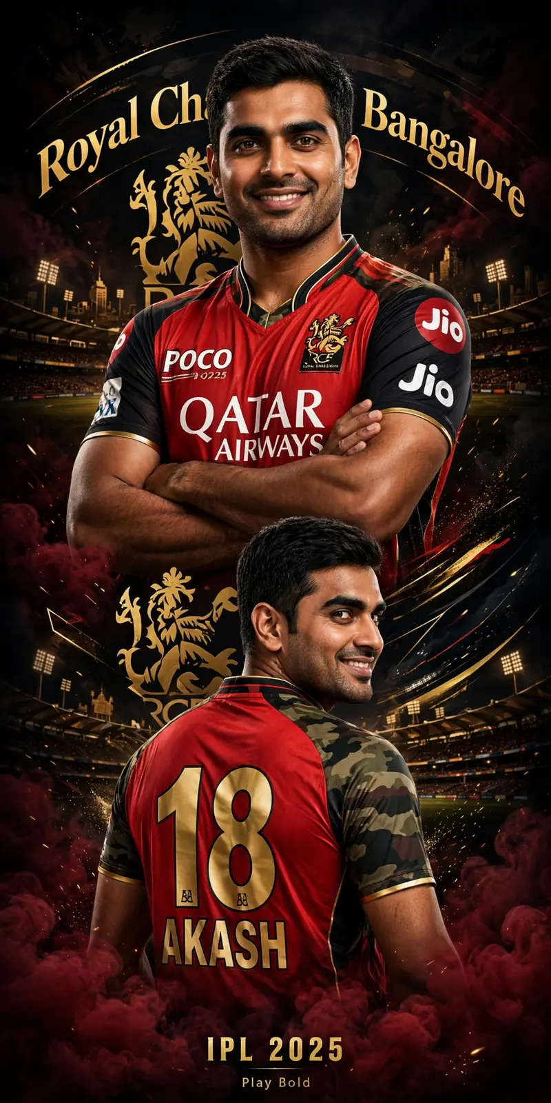 Create a dramatic IPL-style poster using my photo. Keep my facial features exactly the same as in my photo but put me in a ROYAL CHALLENGEERS