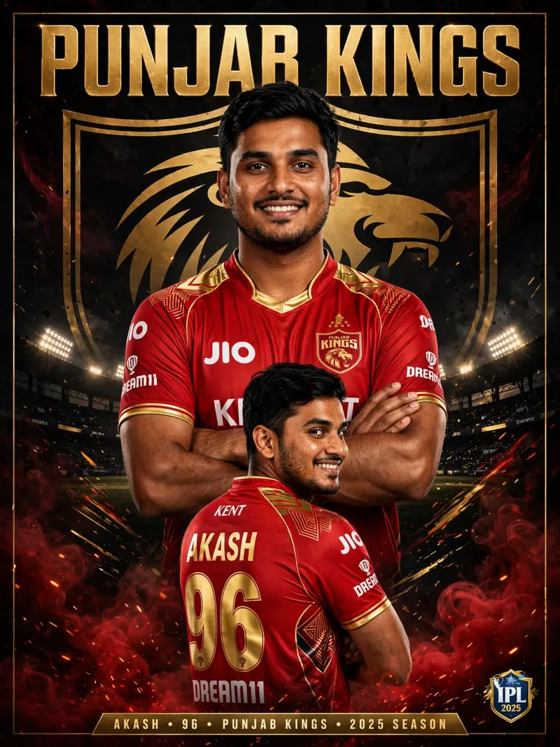 Create a dramatic IPL-style poster using my photo. Keep my facial features exactly the same as in my photo but put me in a punjab kings style jersey