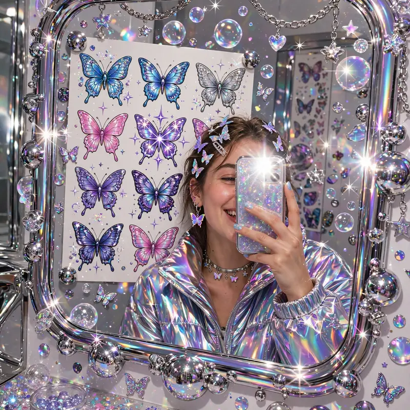 iridescent chrome-futurist illustration snapshot of a butterfly-tattoo flash sheet on display, pure millennium-era energy. Harsh on-camera flash pop