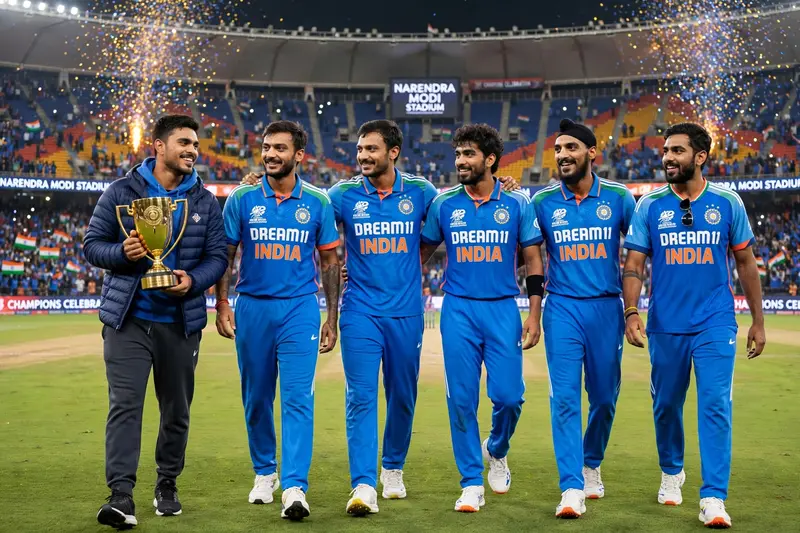 Keep my face same as reference. Ultra-realistic walking celebration at Narendra Modi Stadium. I walk on pitch holding trophy with Ishan Kishan